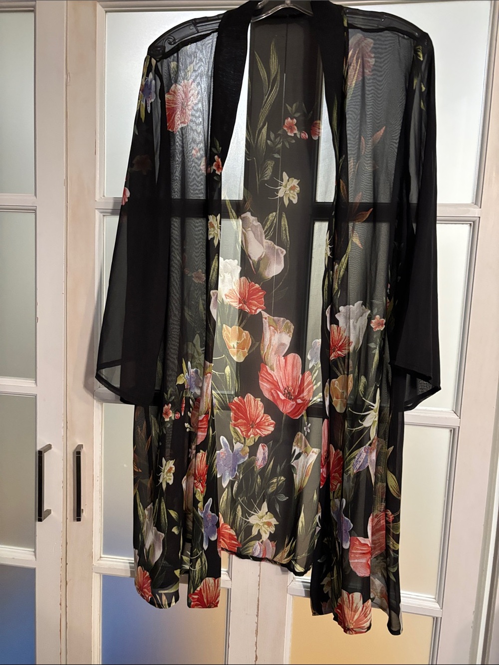 Sheer Black Floral Kimono Cover-Up